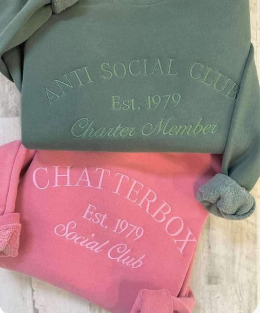 Chatter box & Anxiety embroidered pigment dyed crewneck