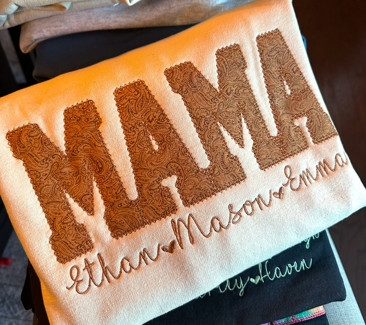 Personalized Faux tooled leather embroidered crewneck
