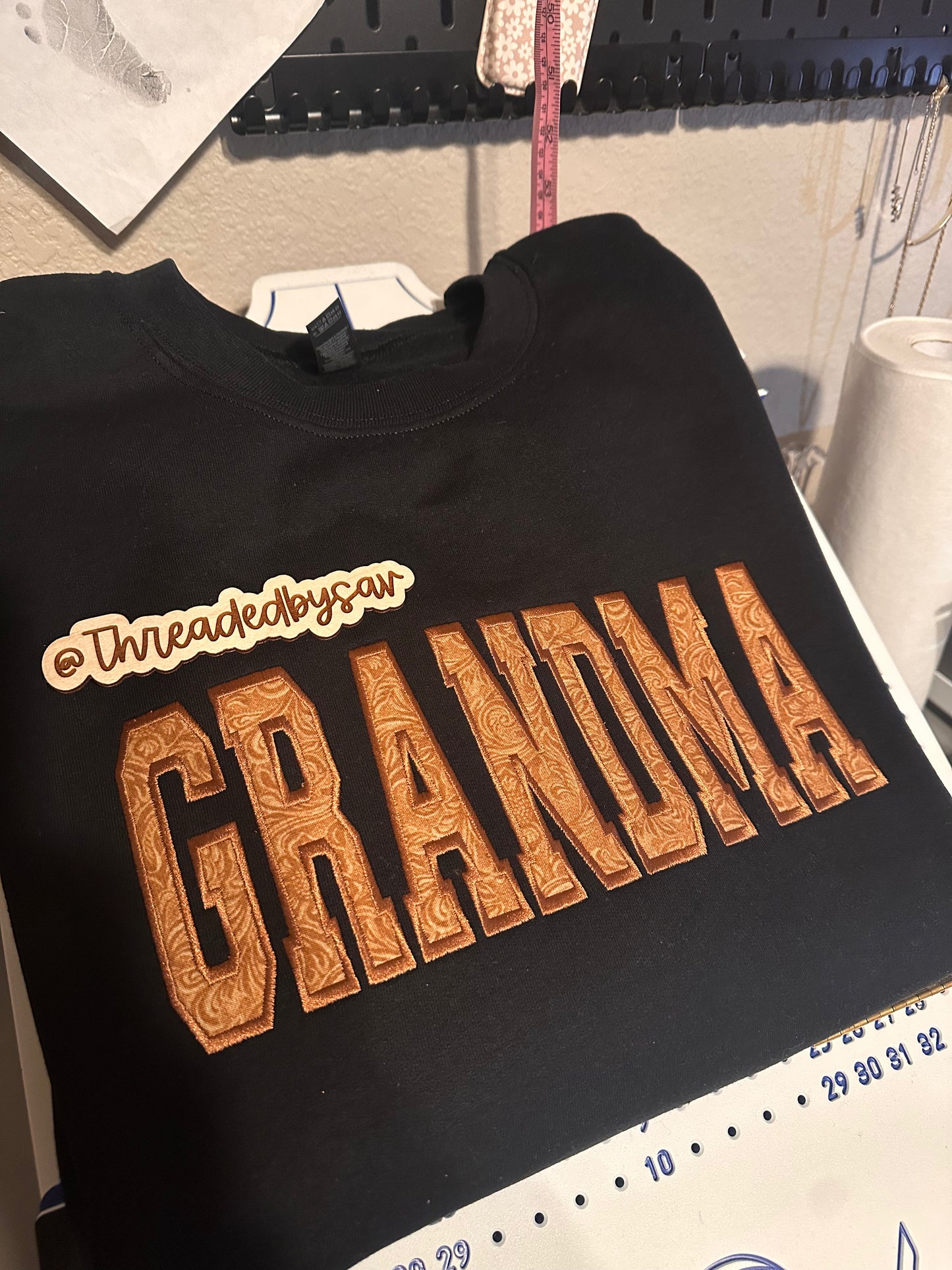 Personalized Faux tooled leather embroidered crewneck
